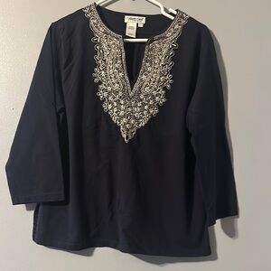 Coldwater Creek Navy Blue Tunic with White Embroidery Size Large